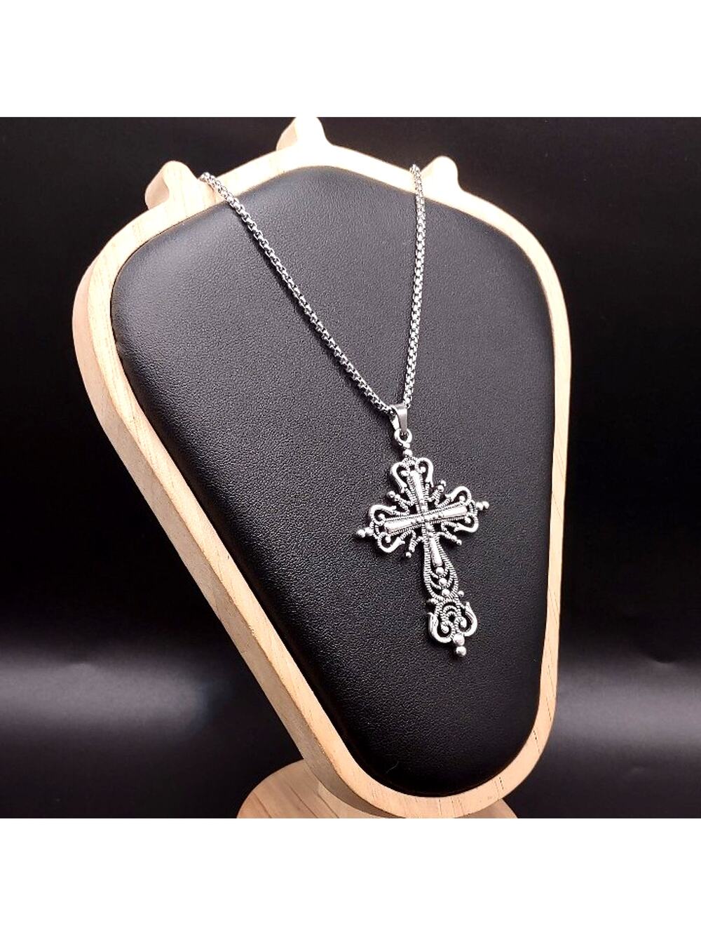 Silver Box Chain Necklace w/ Ornate Cross Unisex Birthday Anniversary Gift NEW